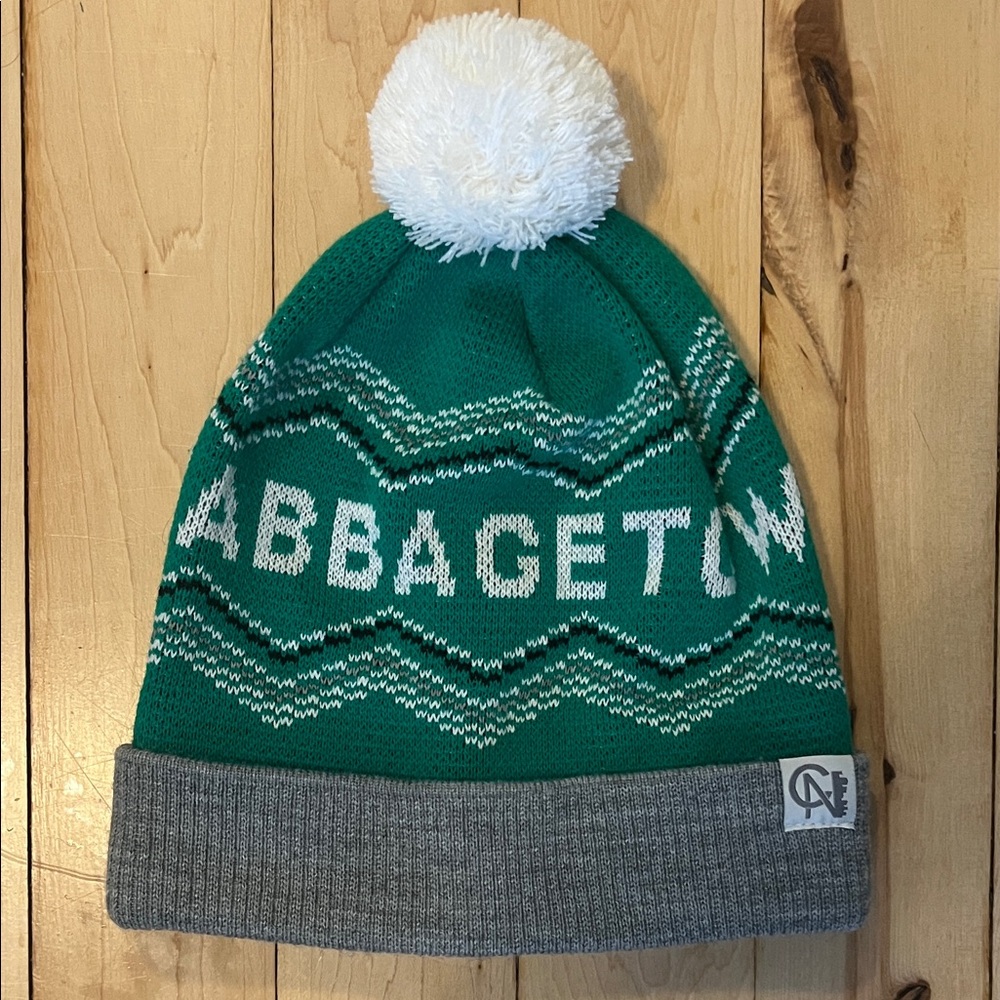 Green and Gray Knit Beanie with Pom Pom - Cabbagetown (Toronto neighbourhood)
